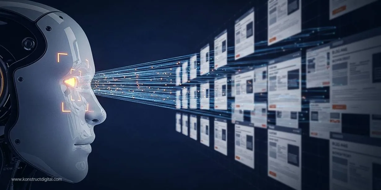 AI-powered robot scanning and analyzing multiple digital web pages in a futuristic interface