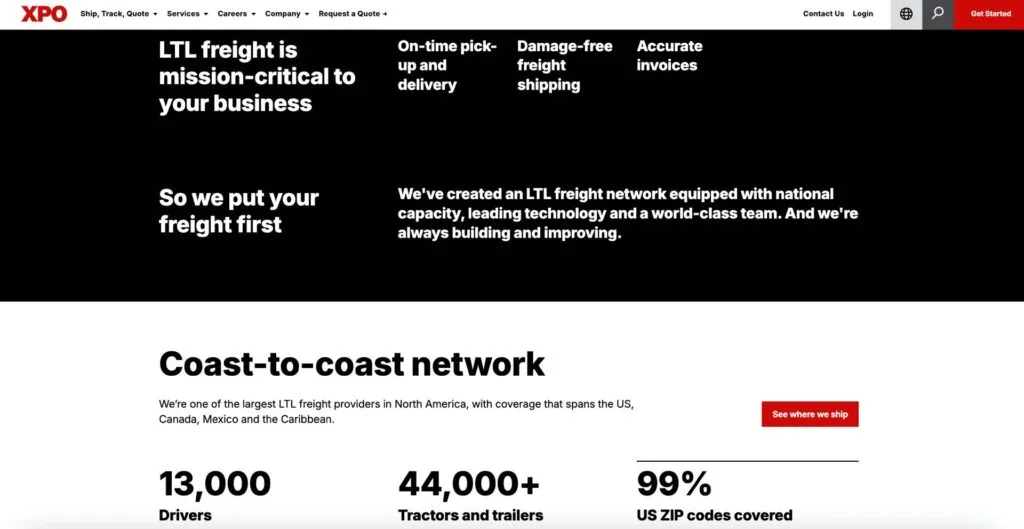 XPO’s homepage forefronting their capacity for efficient deliveries
