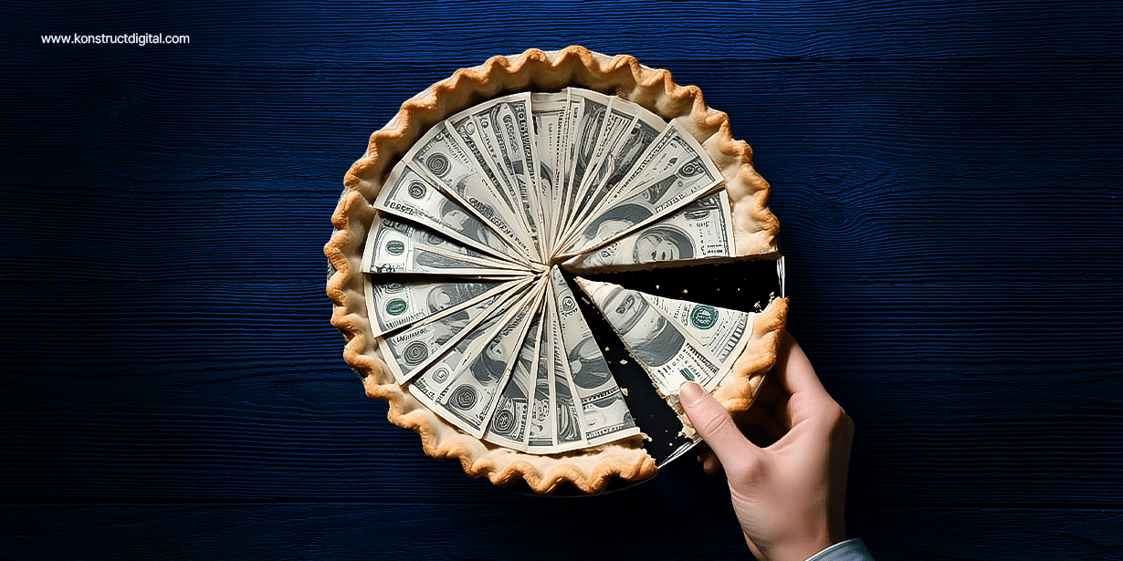 a pie with dollar bills arranged as slices inside it